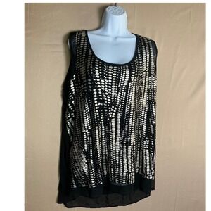 ANA A New Approach Woman 3X Tank Top Black Silver Metallic Foil Dot‎ Chiffon Hem